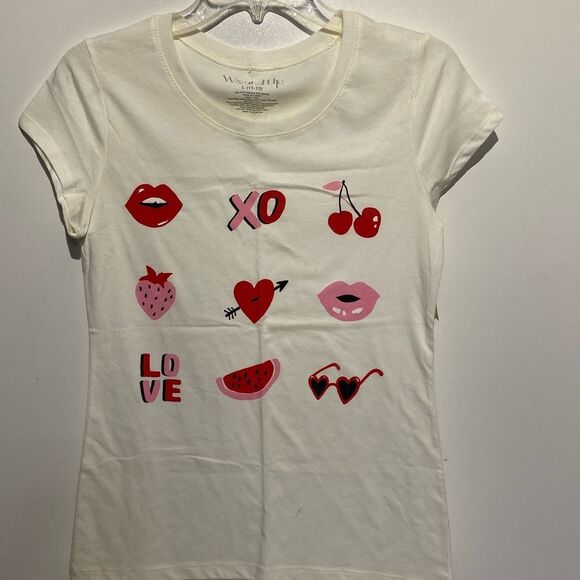 I’m Wound Up Women's Cream Love Theme Short Sleeve Graphic T-Shirt Large NWT - Picture 1 of 7
